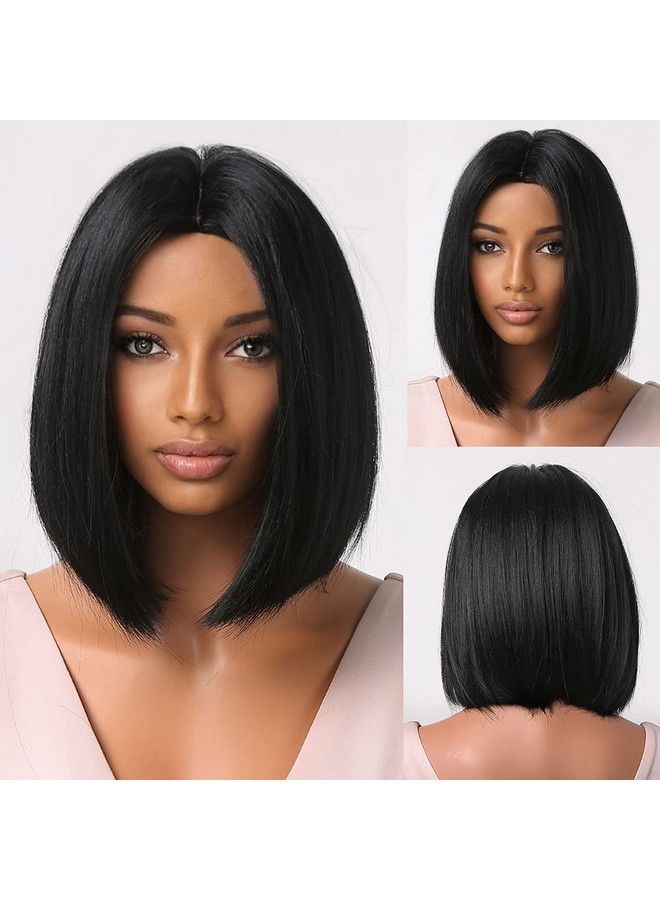 PRAVRAJYA وصلة شعر نسائية بطول 14 بوصة، شعر مستعار قصير مستقيم أسود اللون بطول الكتف مع غرة للاستخدام اليومي (أسود) - Image 2