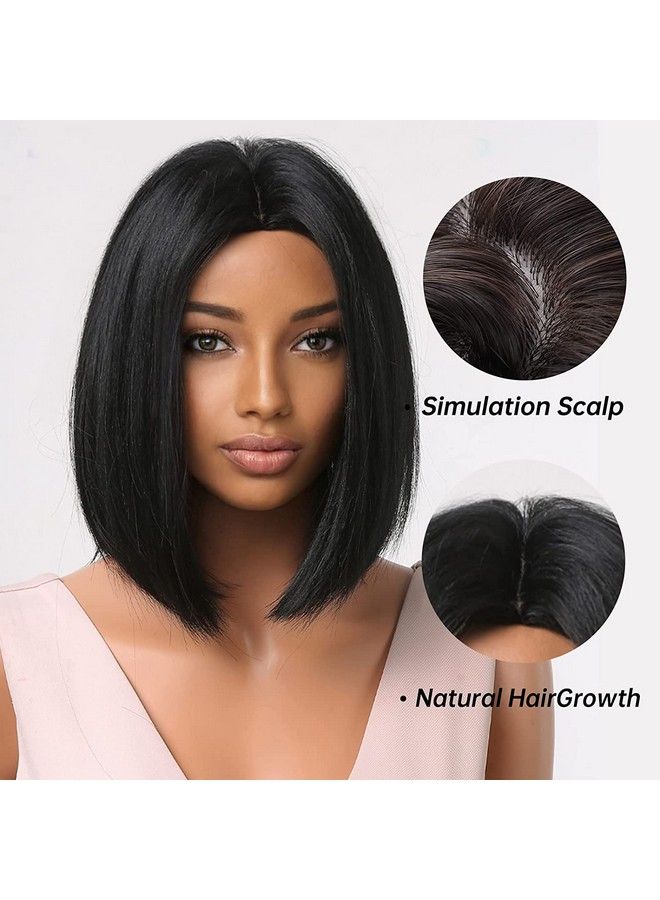 PRAVRAJYA وصلة شعر نسائية بطول 14 بوصة، شعر مستعار قصير مستقيم أسود اللون بطول الكتف مع غرة للاستخدام اليومي (أسود) - Image 3