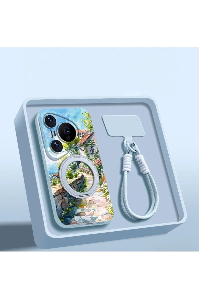 general Suitable for Huawei Pura 80 Ultra protective case, Spring Landscape Oil Painting, 360-degree rotating stand with hand strap and full-coverage protective case.