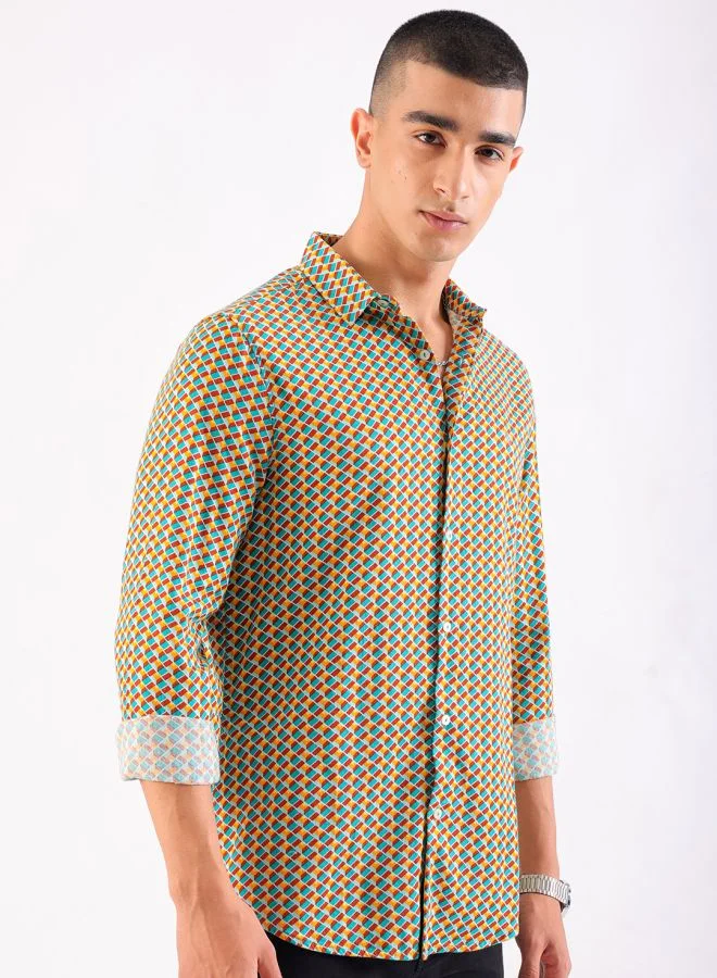 The Indian Garage Co Men Slim Fit Geometric Printed Full Sleeves Cutaway Collar Party Wear Shirt