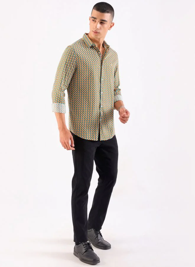 The Indian Garage Co Men Slim Fit Geometric Printed Full Sleeves Cutaway Collar Party Wear Shirt