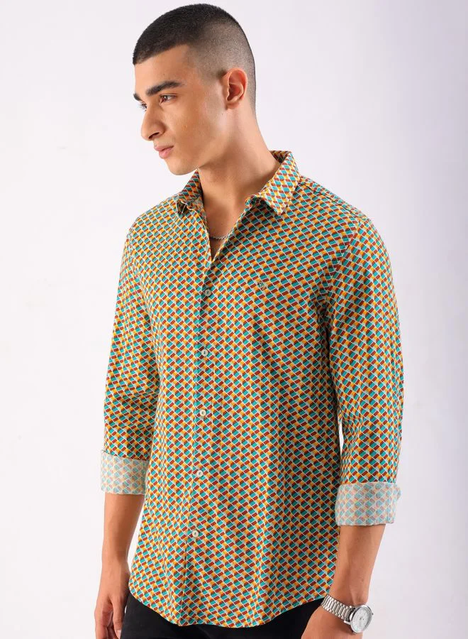 The Indian Garage Co Men Slim Fit Geometric Printed Full Sleeves Cutaway Collar Party Wear Shirt
