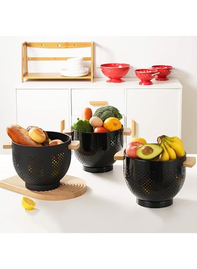LOOPITYS storage basket , Metal Colander with Wood Handle and Stable Base, Fruit basket, snack basin, Powder Coated Steel Kitchen Strainer Basket for Draining Pasta, Vegetable and fruit(22CM quart,Matte Black) - Image 3
