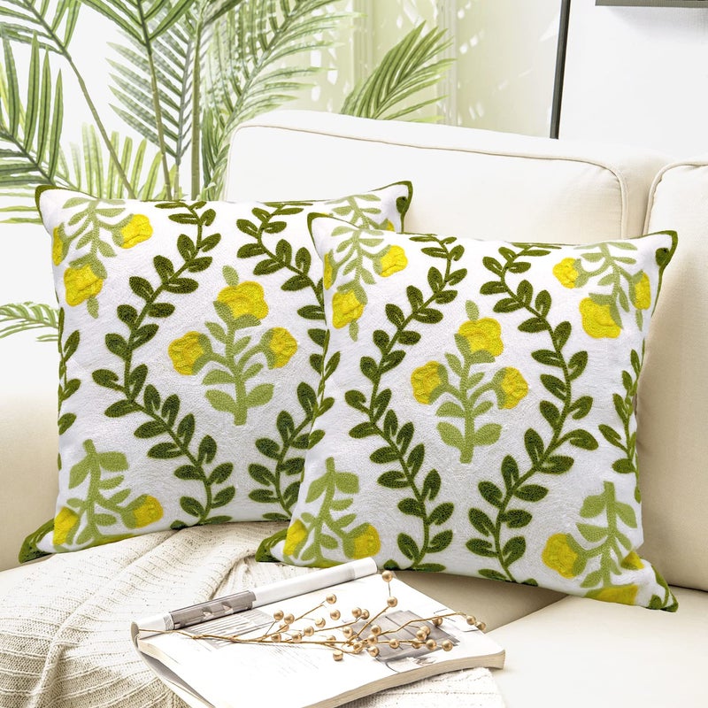 Alysheer Floral Embroidered Summer Decorative Throw Pillow Cover 18"x 18" Set of 2, Farmhouse Cottage Yellow Flower Green Leaves Patterned Cotton Cushion Case for Couch Bed Living Room Outdoor Decor - Image 1