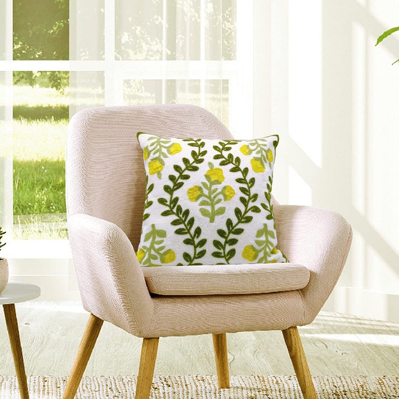 Alysheer Floral Embroidered Summer Decorative Throw Pillow Cover 18"x 18" Set of 2, Farmhouse Cottage Yellow Flower Green Leaves Patterned Cotton Cushion Case for Couch Bed Living Room Outdoor Decor - Image 5
