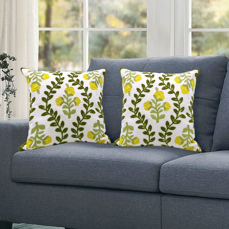 Alysheer Floral Embroidered Summer Decorative Throw Pillow Cover 18"x 18" Set of 2, Farmhouse Cottage Yellow Flower Green Leaves Patterned Cotton Cushion Case for Couch Bed Living Room Outdoor Decor - Image 3