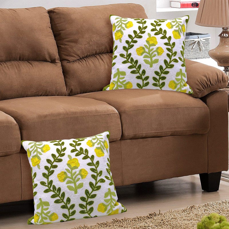 Alysheer Floral Embroidered Summer Decorative Throw Pillow Cover 18"x 18" Set of 2, Farmhouse Cottage Yellow Flower Green Leaves Patterned Cotton Cushion Case for Couch Bed Living Room Outdoor Decor - Image 2