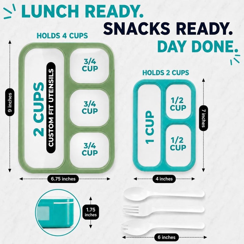 Kinsho Bento Lunch Box And Snack Container Set For Kids And Adults - Large 4 & Small 3 Divided Food Compartments - Portion Control Meal Prep - Reusable for School Work Travel - 2 Pack Green Blue Set - Image 1