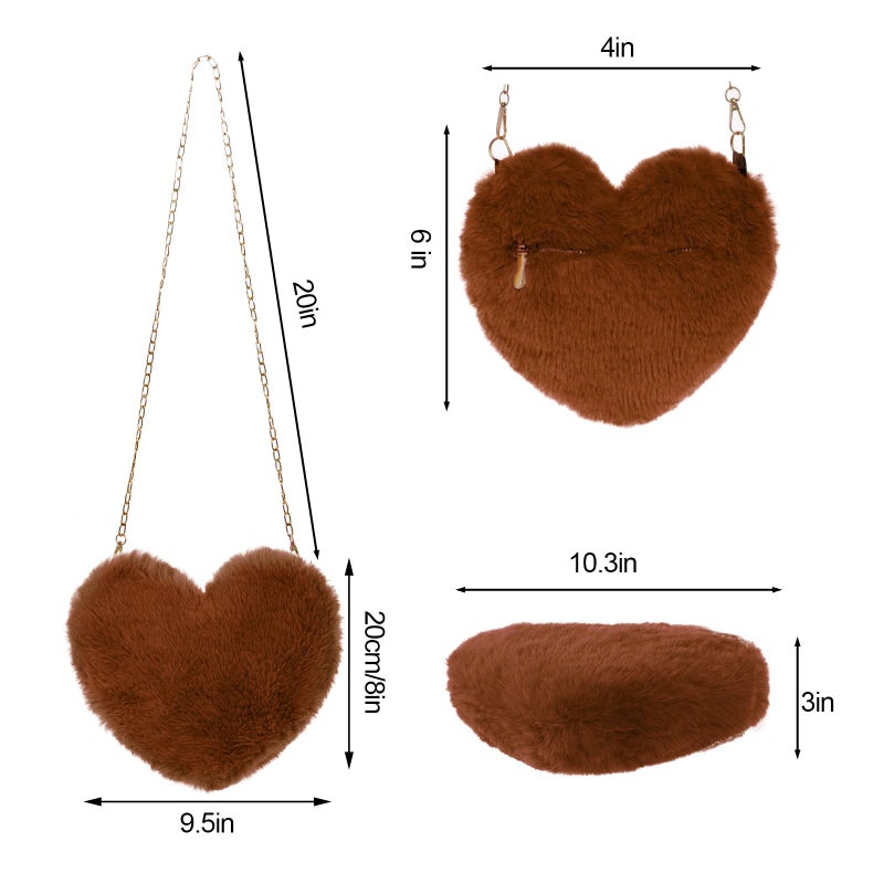 Miayon Heart Shaped Faux Fur Clutch Purse Fluffy Crossbody Shoulder Bag for Women Halloween Christmas Valentine Dark Brown - Image 3