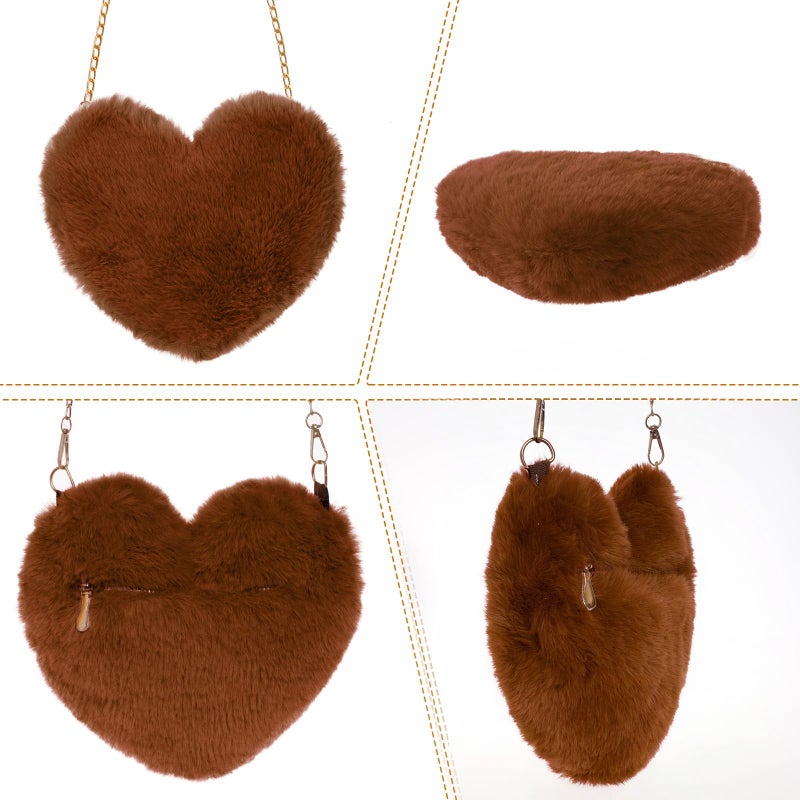Miayon Heart Shaped Faux Fur Clutch Purse Fluffy Crossbody Shoulder Bag for Women Halloween Christmas Valentine Dark Brown - Image 5