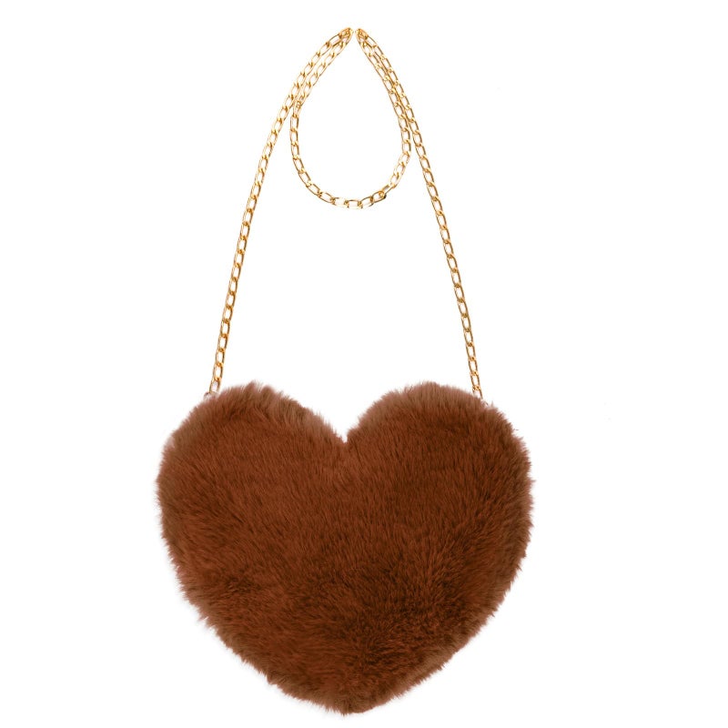 Miayon Heart Shaped Faux Fur Clutch Purse Fluffy Crossbody Shoulder Bag for Women Halloween Christmas Valentine Dark Brown - Image 1