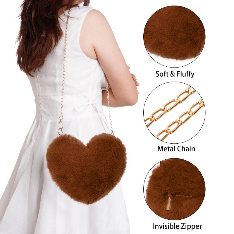 Miayon Heart Shaped Faux Fur Clutch Purse Fluffy Crossbody Shoulder Bag for Women Halloween Christmas Valentine Dark Brown - Image 4