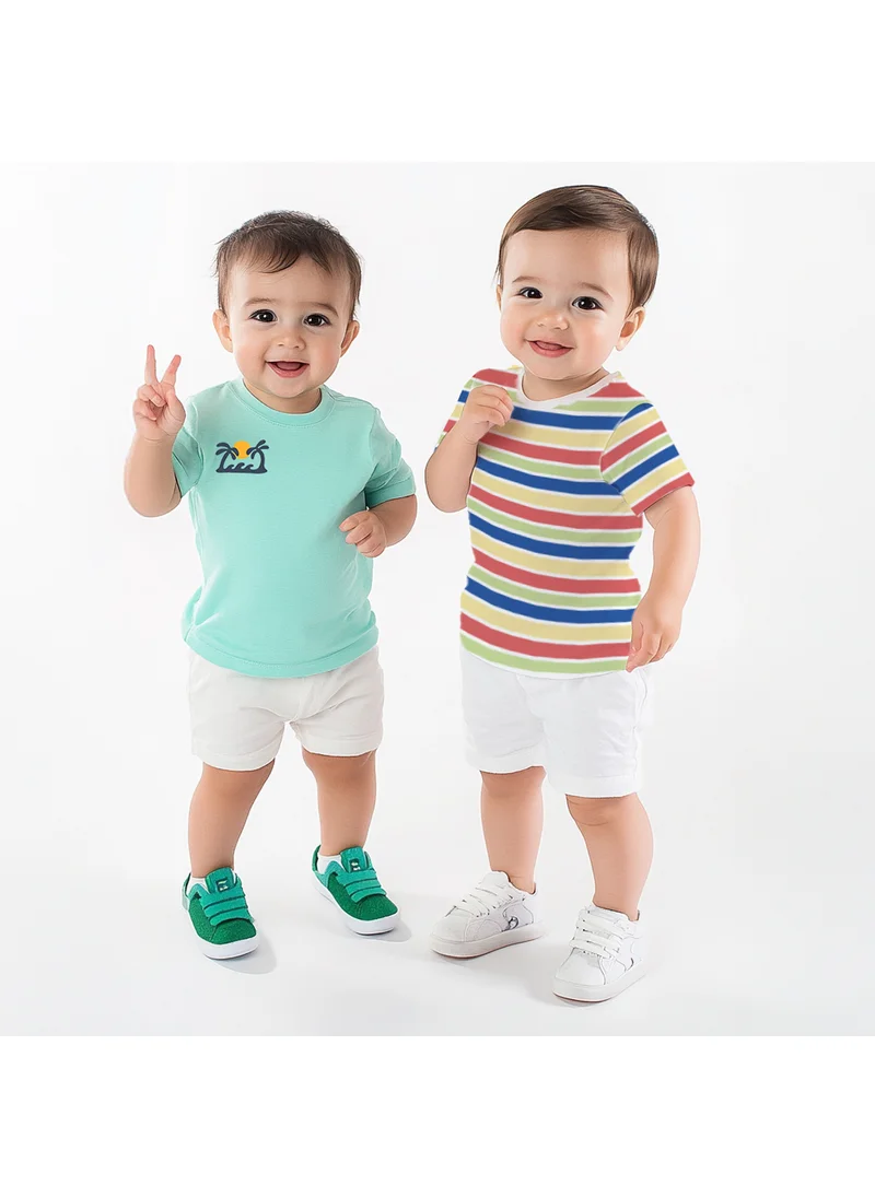 نوتيناتي Nautinati Boys' Pack of 2 Cotton Beach Graphic Printed and Striped T-shirts