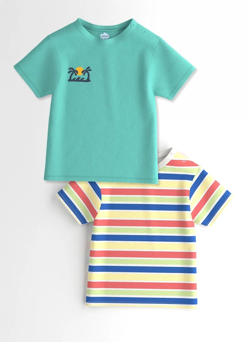 نوتيناتي Nautinati Boys' Pack of 2 Cotton Beach Graphic Printed and Striped T-shirts
