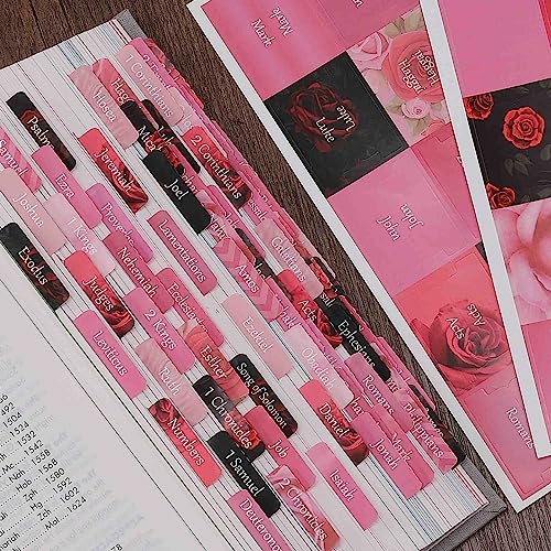 Thinkor Reposition Laminated Bible Tabs, Large Print Stickers, Easy to Read and Apply Bible Tabs for Women and Man (Pink Rose Print) - Image 1