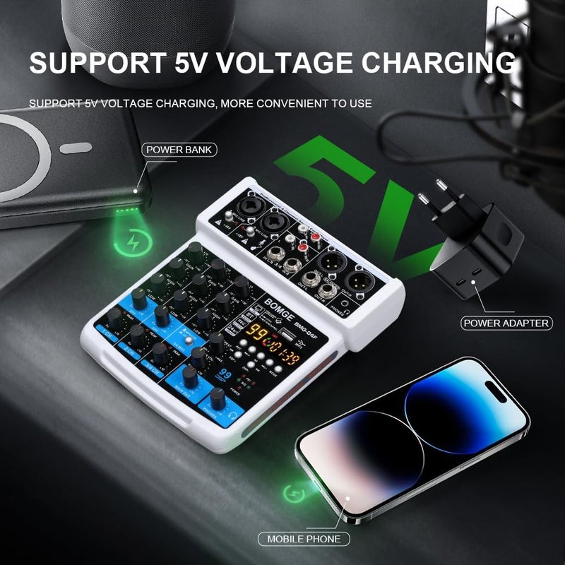 BOMGE -04F 4 channel dj audio sound mixer with MP3/USB Bluetooth, stereo record/48V /24 DSP Echo effects for Live broadcast, karaoke, performance, church singing and music production (white-4f) - Image 5