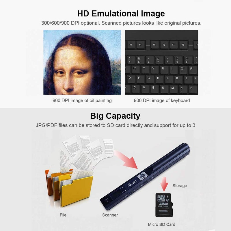 Microware Scanner Mini Handheld Document Scanner iScan Portable A4 Book Scanner JPG and PDF Format 300 600 900 DPI - Image 3