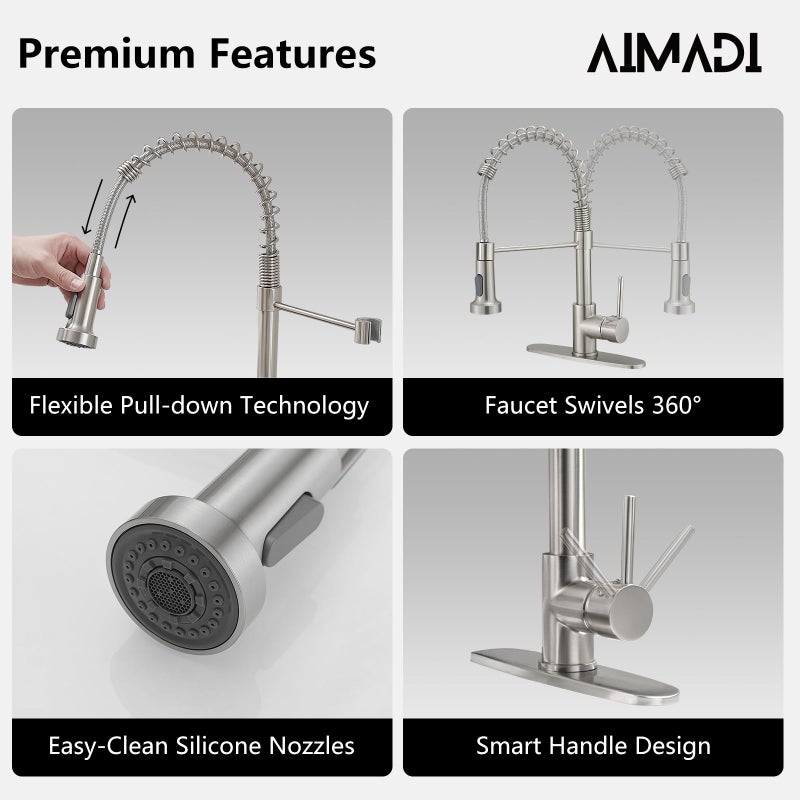 AIMADI Kitchen Faucets with Deck Plate AIMADI,Contemporary Single Handle Stainless Steel Brushed Nickel Pull Down Kitchen Sink Faucets - Image 4