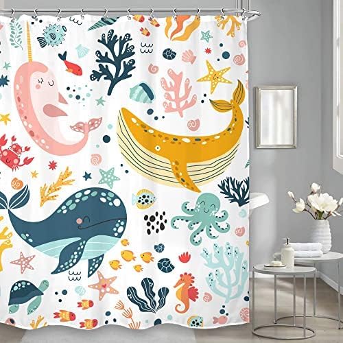 LGhtyro Kids Whale Shower Curtain Bathroom Sets 60Wx71H Inches Fish Ocean Sealife Underwater Coral Starfish Cute Cartoon Unisex Neutral Bath Accessories for Boys Girls Home Decor Fabric 12 Pack Hooks - Image 3