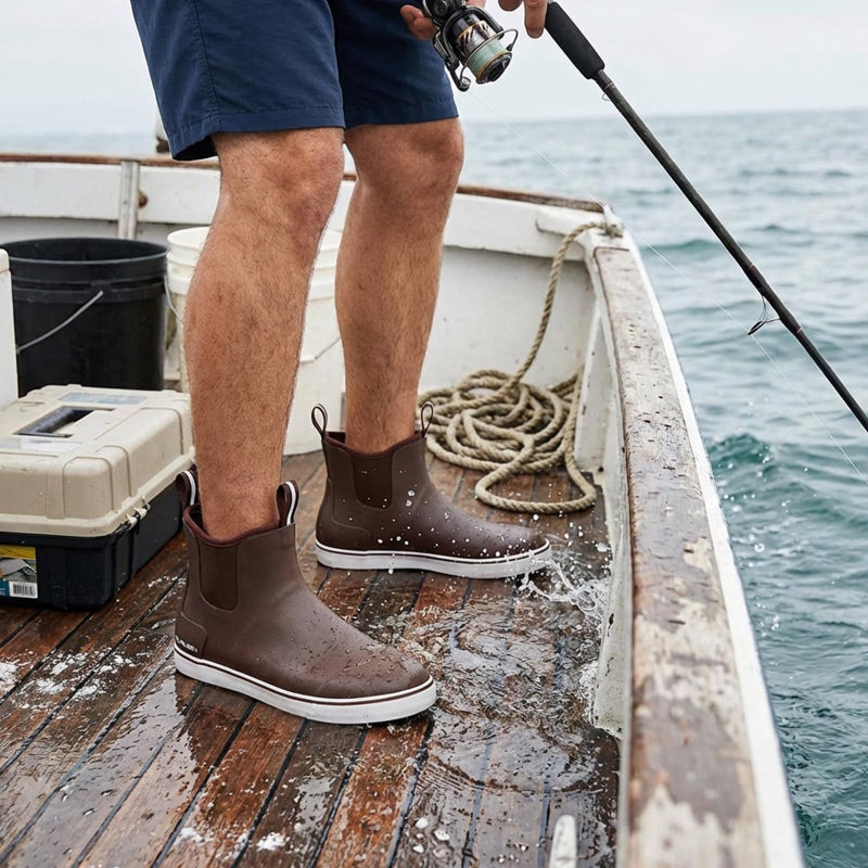 Furuian Men's Deck Boots Fishing Boots Waterproof Rain Boots Ankle Booties Slip On Neoprene Rubber Footwear Chelsea Boots Men botas para hombre for Gardening Fishing Boating Camping Sailing, Brown 11 - Image 2