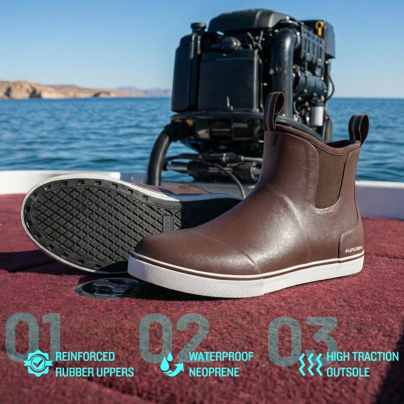Furuian Men's Deck Boots Fishing Boots Waterproof Rain Boots Ankle Booties Slip On Neoprene Rubber Footwear Chelsea Boots Men botas para hombre for Gardening Fishing Boating Camping Sailing, Brown 11 - Image 3