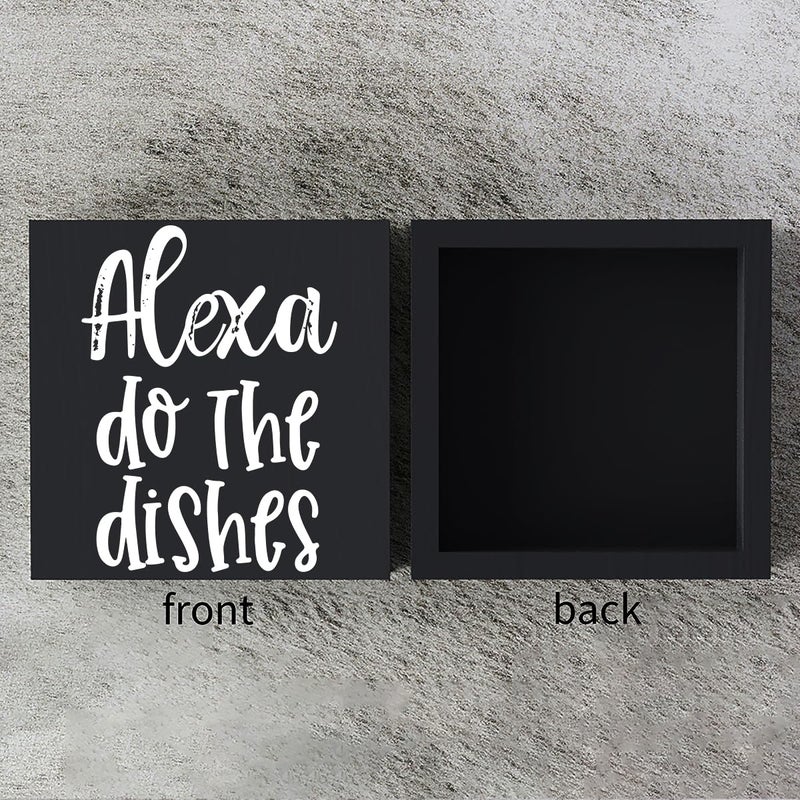 Woght Funny Kitchen Wooden Box Sign Plaque Alexa Do the Dishes Black Wood Box Sign Rustic Art Home Kitchen Shelf Desk Decor 5 x 5 x 1 Inchesâ€¦ - Image 3
