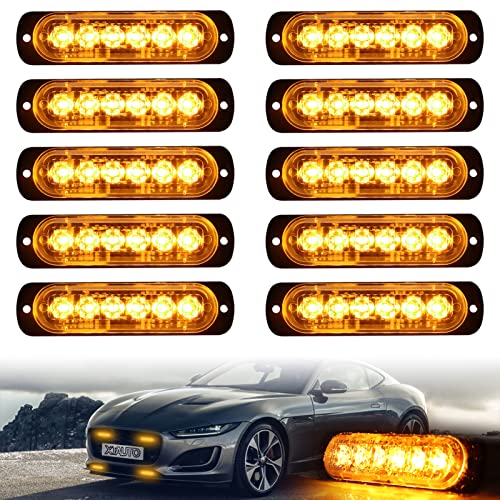 XTAUTO 10pcs LED Emergency Strobe Light, 6-LED Ultra Slim Surface Mount Flashing Warning Beacon Hazard Construction Caution Grille Light Bar for Truck Car Off Road Vehicles SUV ATV (Amber) - Image 1