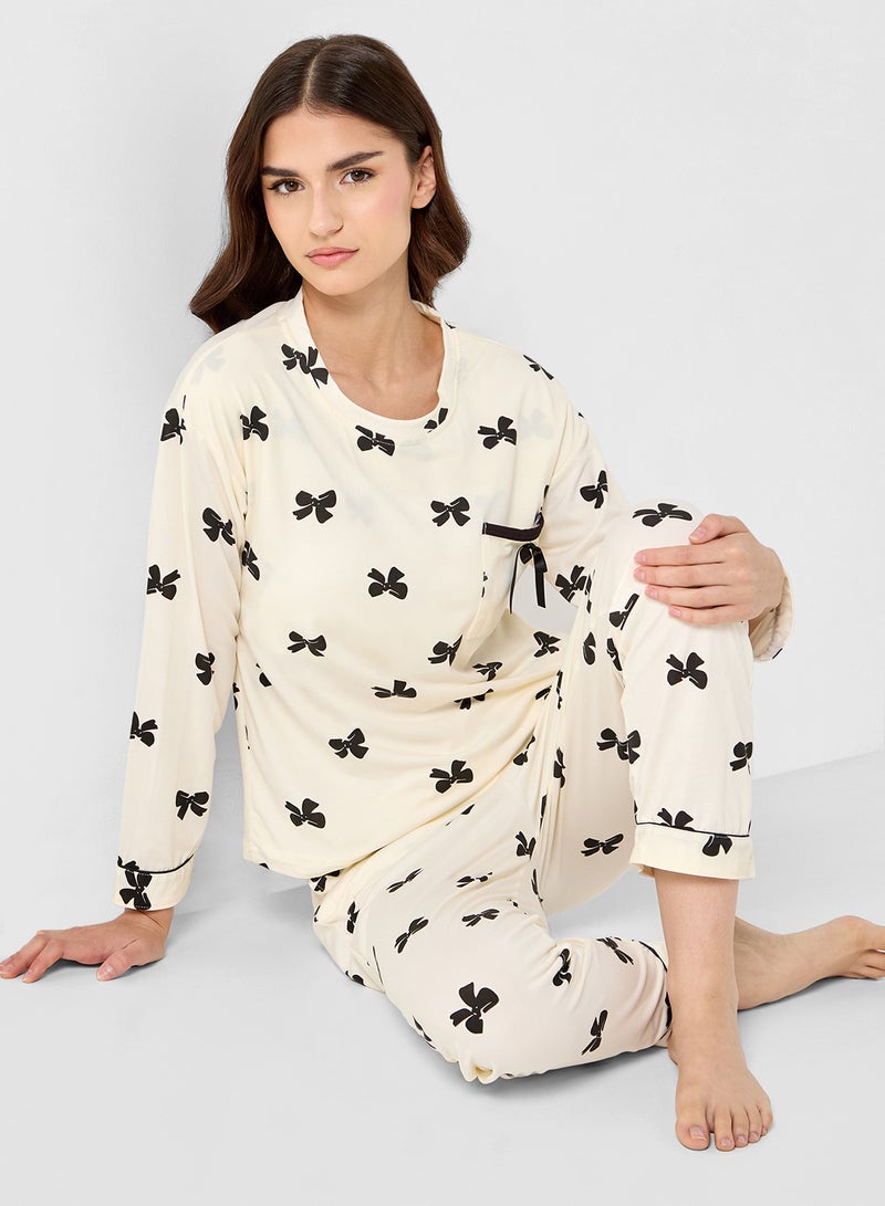 Ginger Bow Print Relaxed Top & Pyjama Set - Image 1