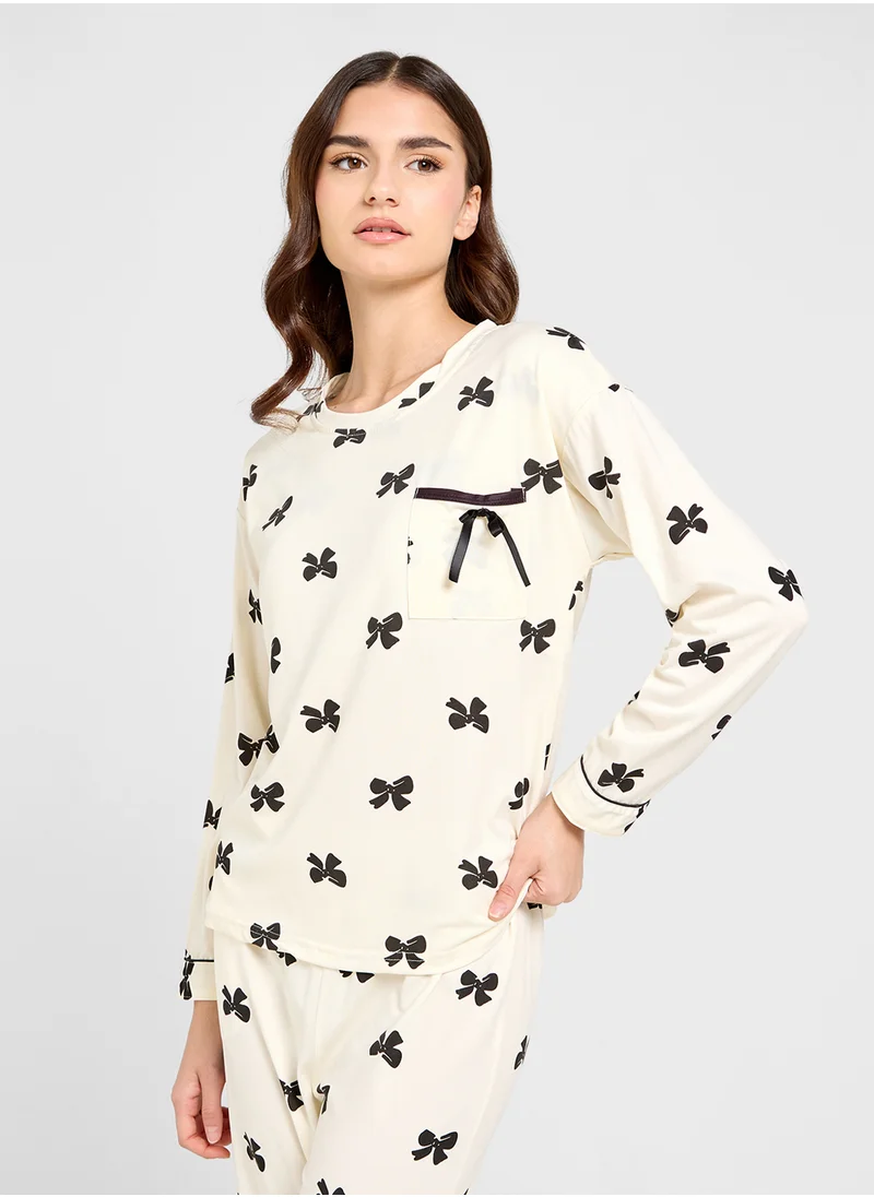 Ginger Bow Print Relaxed Top & Pyjama Set