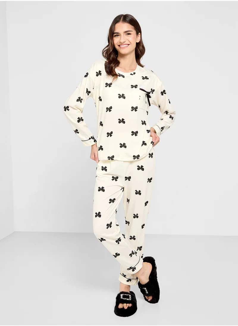 Ginger Bow Print Relaxed Top & Pyjama Set