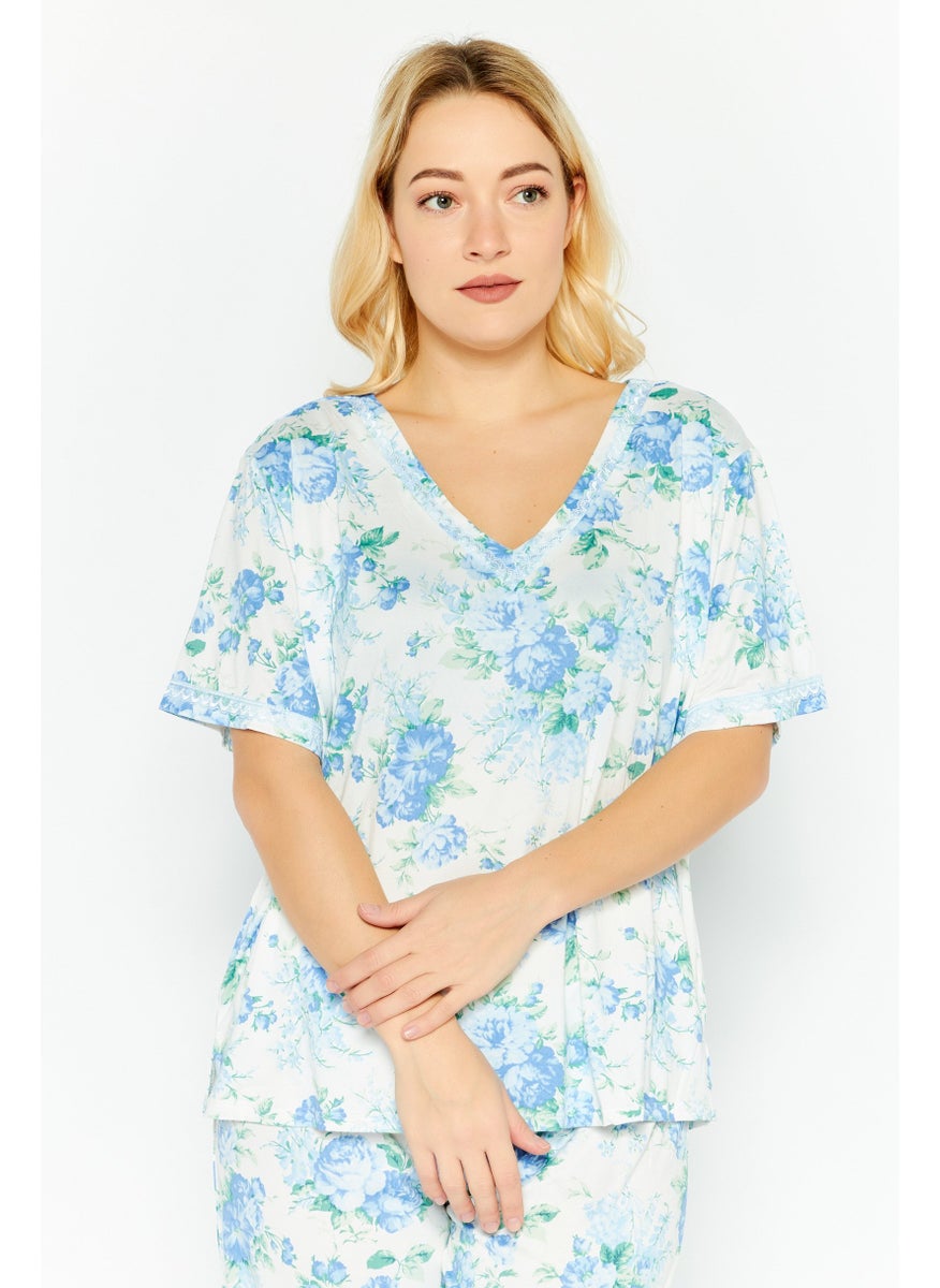 Flora By Flora Nikrooz - Women 2 Pieces Floral Print Pajama Set, Ivory Combo - Image 1
