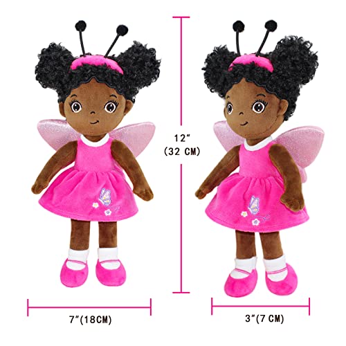 JUSTQUNSEEN Black Baby Doll,Blacks Dolls African American Stuffed Toy,12” Rag Dolls for Girls Soft Gifts,Brown Doll Fairy Baby Toy Plush Toys for Christmas Birthday Party(Small-Black Butterfly) - Image 2