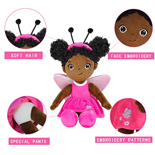 JUSTQUNSEEN Black Baby Doll,Blacks Dolls African American Stuffed Toy,12” Rag Dolls for Girls Soft Gifts,Brown Doll Fairy Baby Toy Plush Toys for Christmas Birthday Party(Small-Black Butterfly) - Image 3