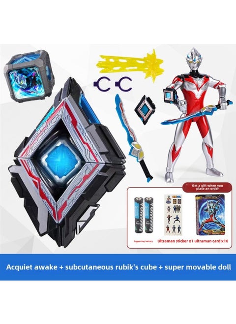 Ultraman Ultraman Transformer Yak Awakener Rubik's Cube Sublimator Hand Doll Model Children's Toy Set-Color:Acquiet Awake + 1 Rubik's Cube + Subcutaneous Super Movable Figure (comes With Card Sticker Battery)