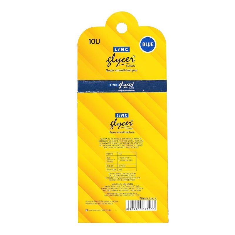 linc 0.6 mm Glycer Smooth Ball Pen Card Pack | Blue Ink | Set of 10 - Image 2