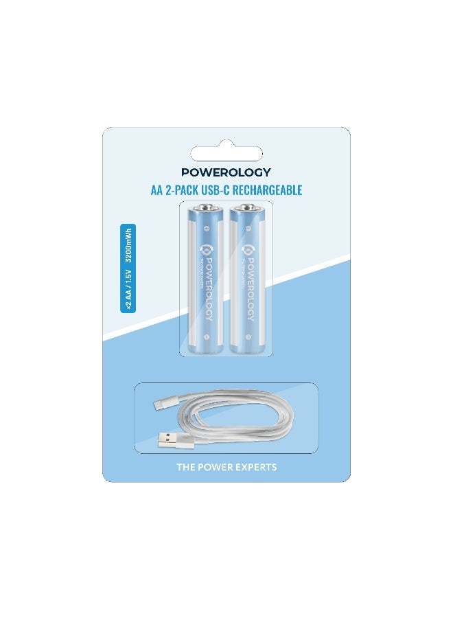 Powerology AA USB-C Rechargeable Batteries 2-Pack / 3200mAh Lithium-Ion / Fast 2H Charging / Eco-Friendly Power Solution - Image 1