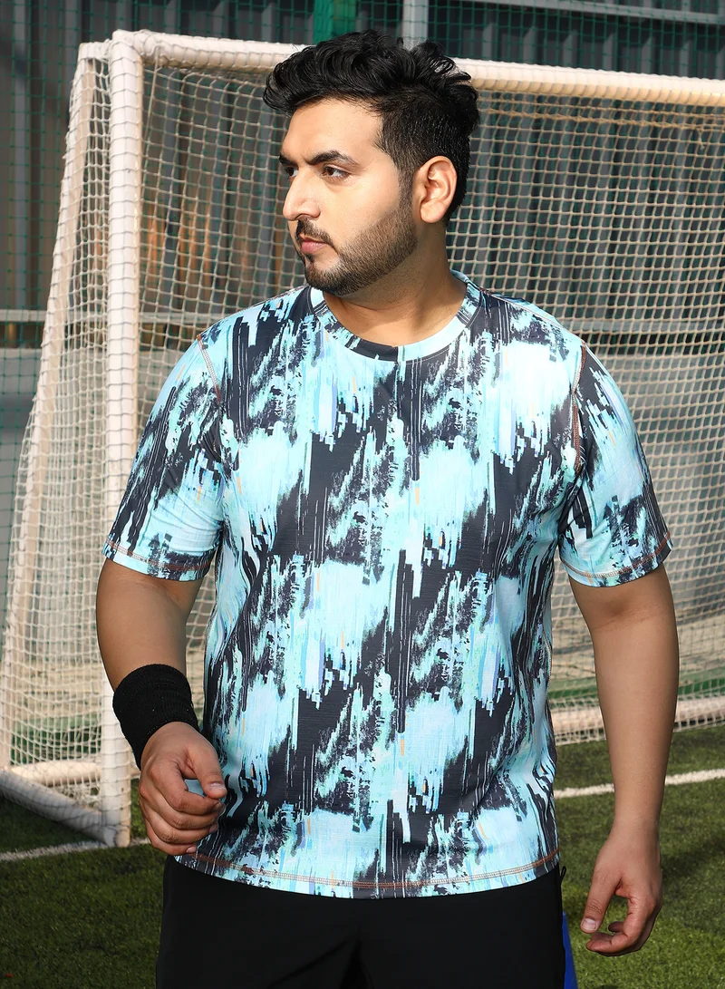 انستافاب بلس Instafab Plus Men's Baby Blue & Charcoal Black Abstract-Brush Activewear T-Shirt For Casual Wear | Crew Neck | Short Sleeves | Plus Size Jersey T-Shirt Crafted With Comfort Fit For Everyday Wear