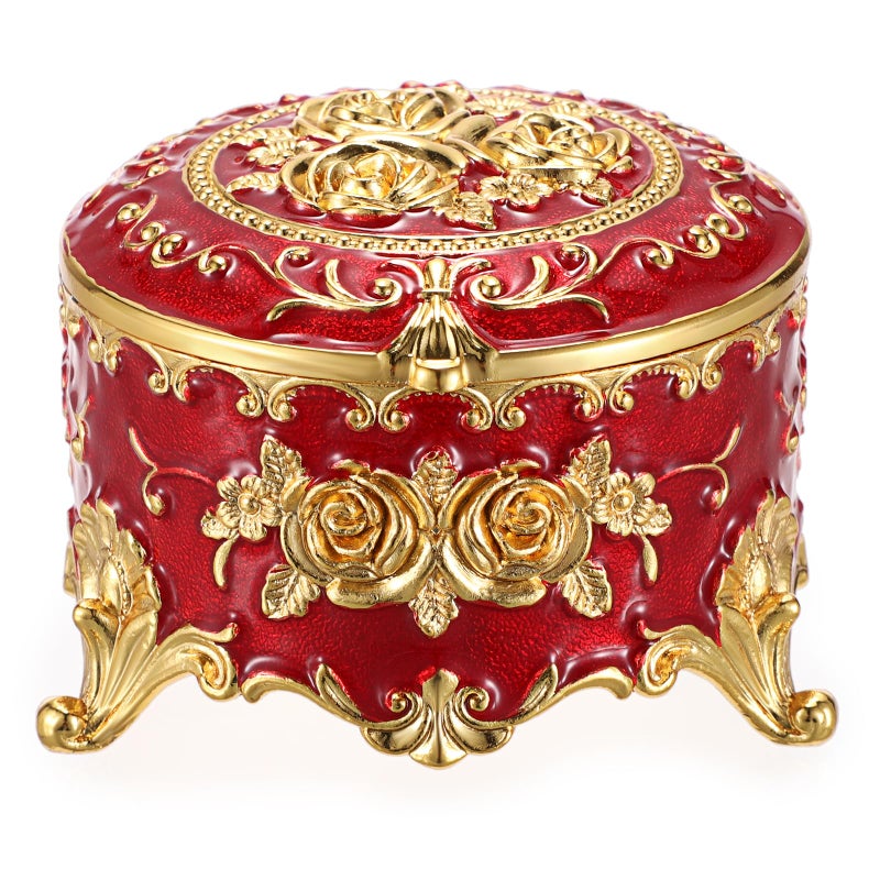 Hipiwe Vintage Metal Jewelry Box Small Trinket Organizer Ring Box Case with Rose Pattern Jewelry Storage Box for Ring Earrings Necklace Keepsake Box for WomenRed - Image 2