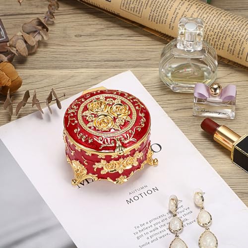 Hipiwe Vintage Metal Jewelry Box Small Trinket Organizer Ring Box Case with Rose Pattern Jewelry Storage Box for Ring Earrings Necklace Keepsake Box for WomenRed - Image 3