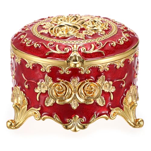 Hipiwe Vintage Metal Jewelry Box Small Trinket Organizer Ring Box Case with Rose Pattern Jewelry Storage Box for Ring Earrings Necklace Keepsake Box for WomenRed - Image 1