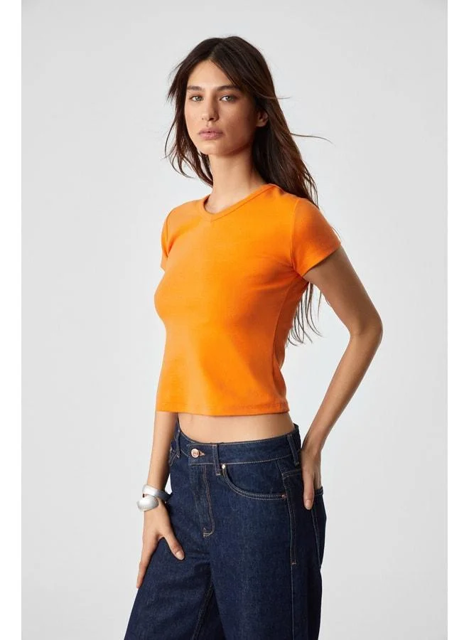Ethiquet MASROUTI Women's Slim Short V-Neck Short Sleeve Orange T-Shirt.