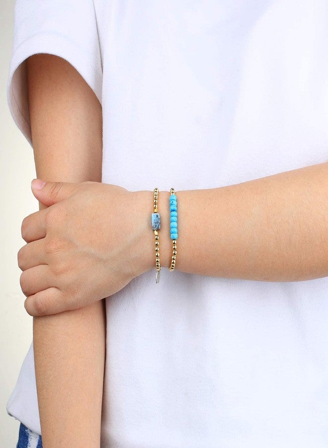KELITCH Women Silver Stretch Bracelets Crystal Turquoise Beaded Bracelet Gold Stretch Bracelets Agate Bracelets - Image 2