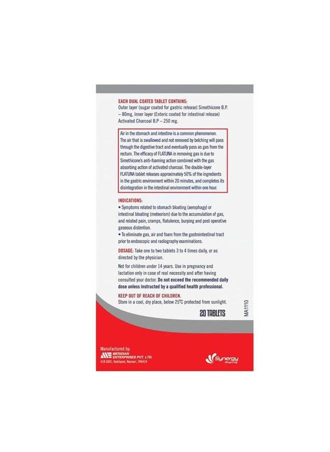 Simethicone & Activated Charcoal Tablets - Dual-Coated for Effective Gas-Absorbing Action 20 Tablets
