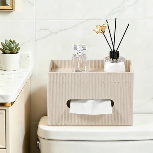 Cretkhp Tissue Box Cover Rectangle with Storage Tray PU Leather Tissue Holder for Bathroom Vanity Countertop Night Stands Bedroom Office Desk Stylish Rectangular Tissue Box Holder Beige - Image 3