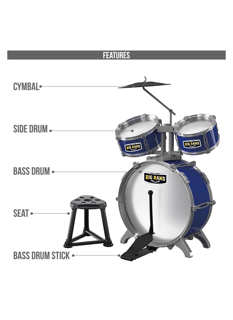 Little Story Kids Drum Set Musical Instrument wt Stool - Blue  - Image 2