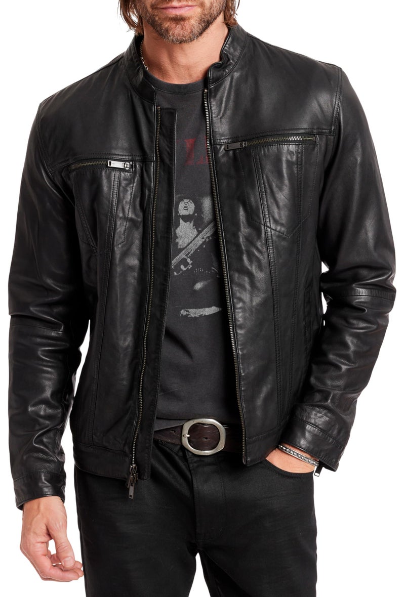 John Varvatos Star USA Mens Band Collar Leather Jacket Black XLarge