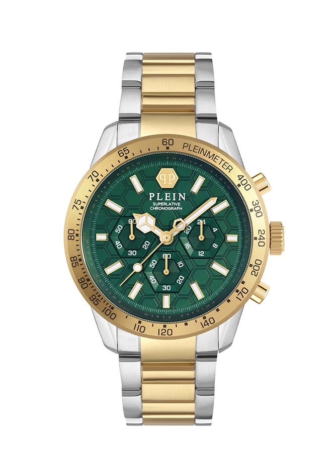 PHILIPP PLEIN - PLEINMETER Philipp Plein Supreme Men's Chronograph Watch, Gold & Emerald Green Design, Two-Tone Bracelet, 44mm Stainless Steel Case, 50m Water Resistant - Image 1