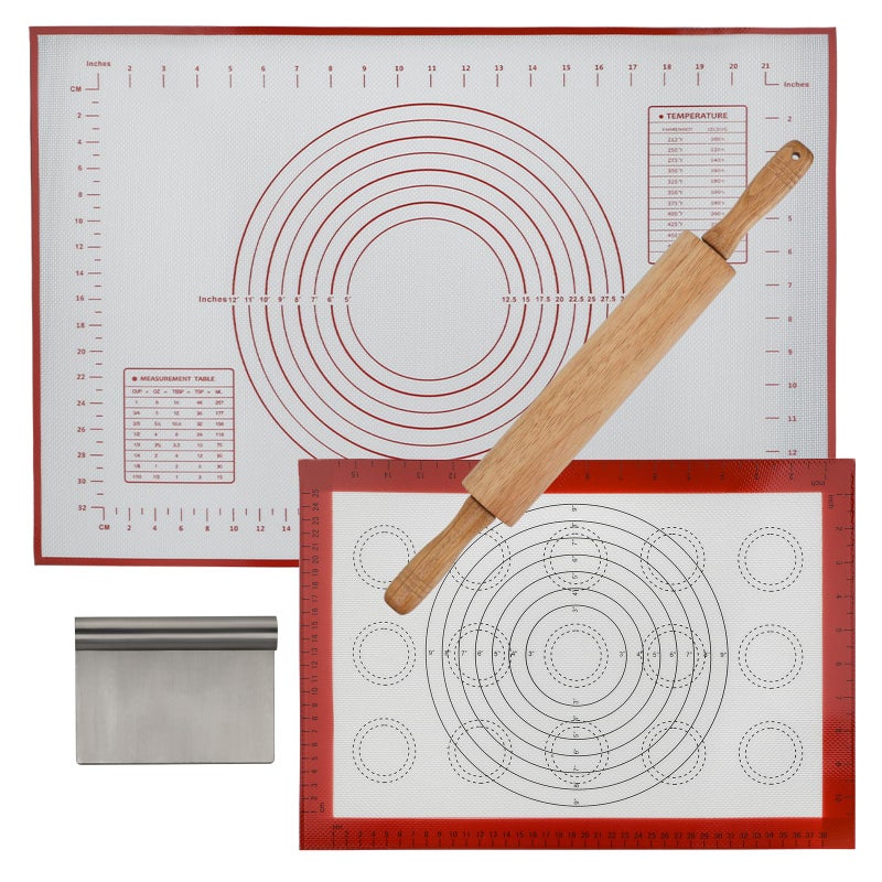 GreatChef Wood Rolling Pin 178 Inch for Dough with Pastry ScraperCutter  2 PCS Heatresistant Silicone Baking Mat Nonstick for Cookie Pie Macaroon bread Baking Pasry Tools Set
