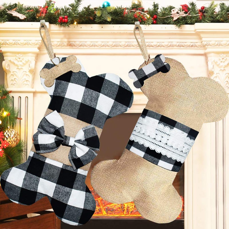 Senneny 2 Pack Pet Dog Christmas Stockings Buffalo Black White Plaid Burlap Large Bone Shape Hanging Christmas Stocking for Dogs Pets