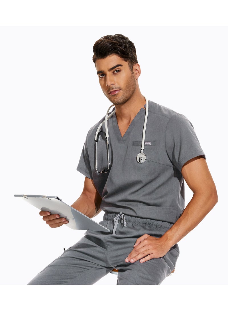 NiaaHinn Premium Solid-Color Unisex Grey Short-Sleeved Scrubs Set - Image 2